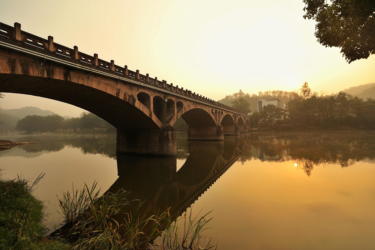 bridge, nature, morning, calm, lake, sunrise, calm morning, the morning sun, river, light, view